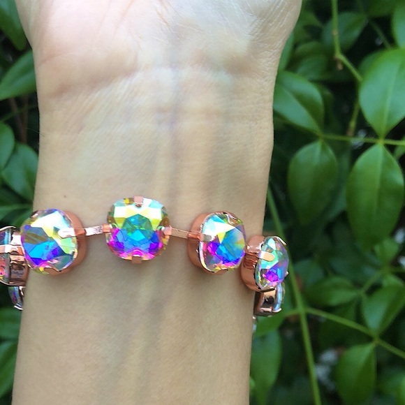 Aurora Borealis + Rose Gold Cushion Cut Crystal Tennis Bracelet - Picture 9 of 9